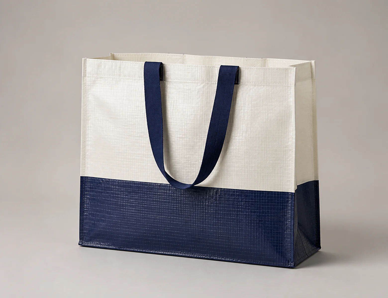 Complete laminated PP woven shopping bag with webbing handles and boxed base
